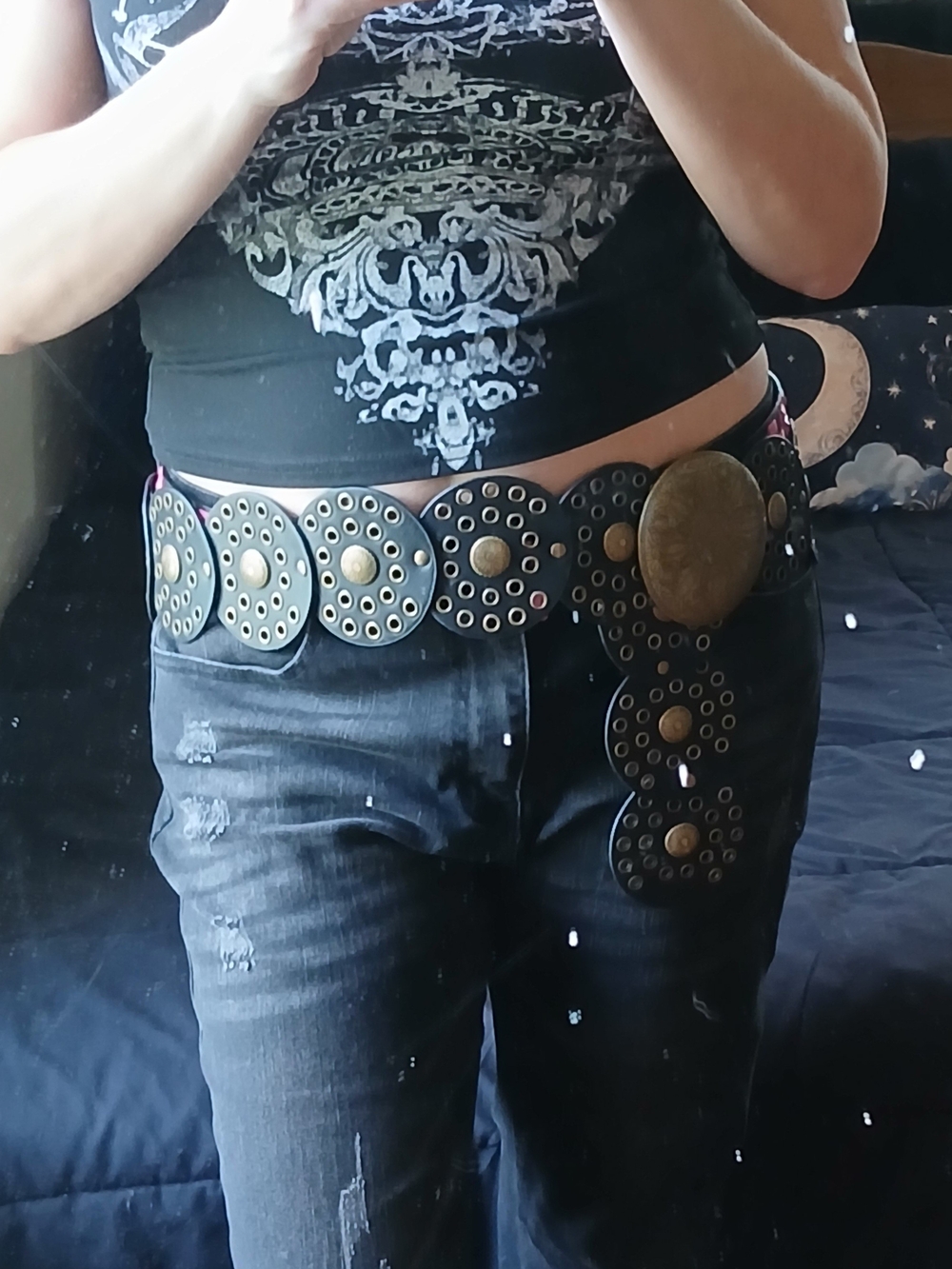 Women’s Black Decorative Disc Belt with Brass Accents